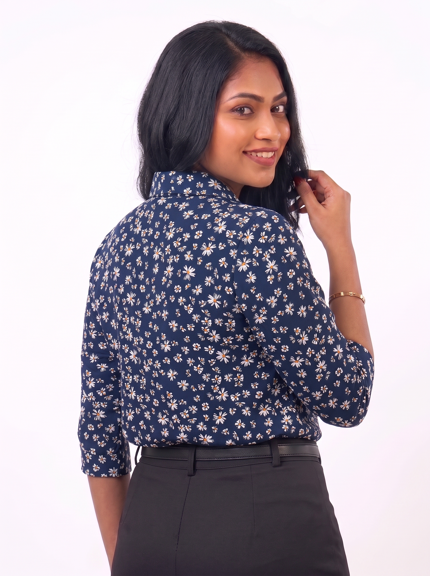 Starlit Daisy Navy Blue Blouse - Ladies Office Blouse, Sri Lanka (view 2)