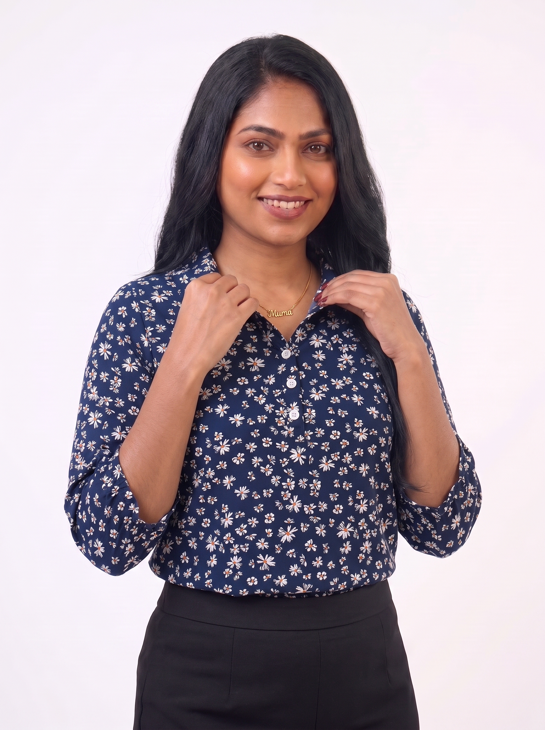 Starlit Daisy Navy Blue Blouse - Ladies Office Blouse, Sri Lanka (view 4)