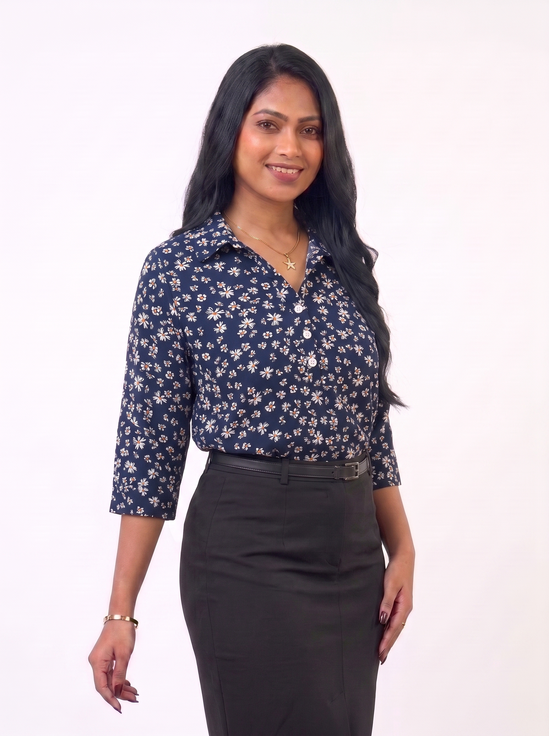 Starlit Daisy Navy Blue Blouse - Ladies Office Blouse, Sri Lanka (view 7)
