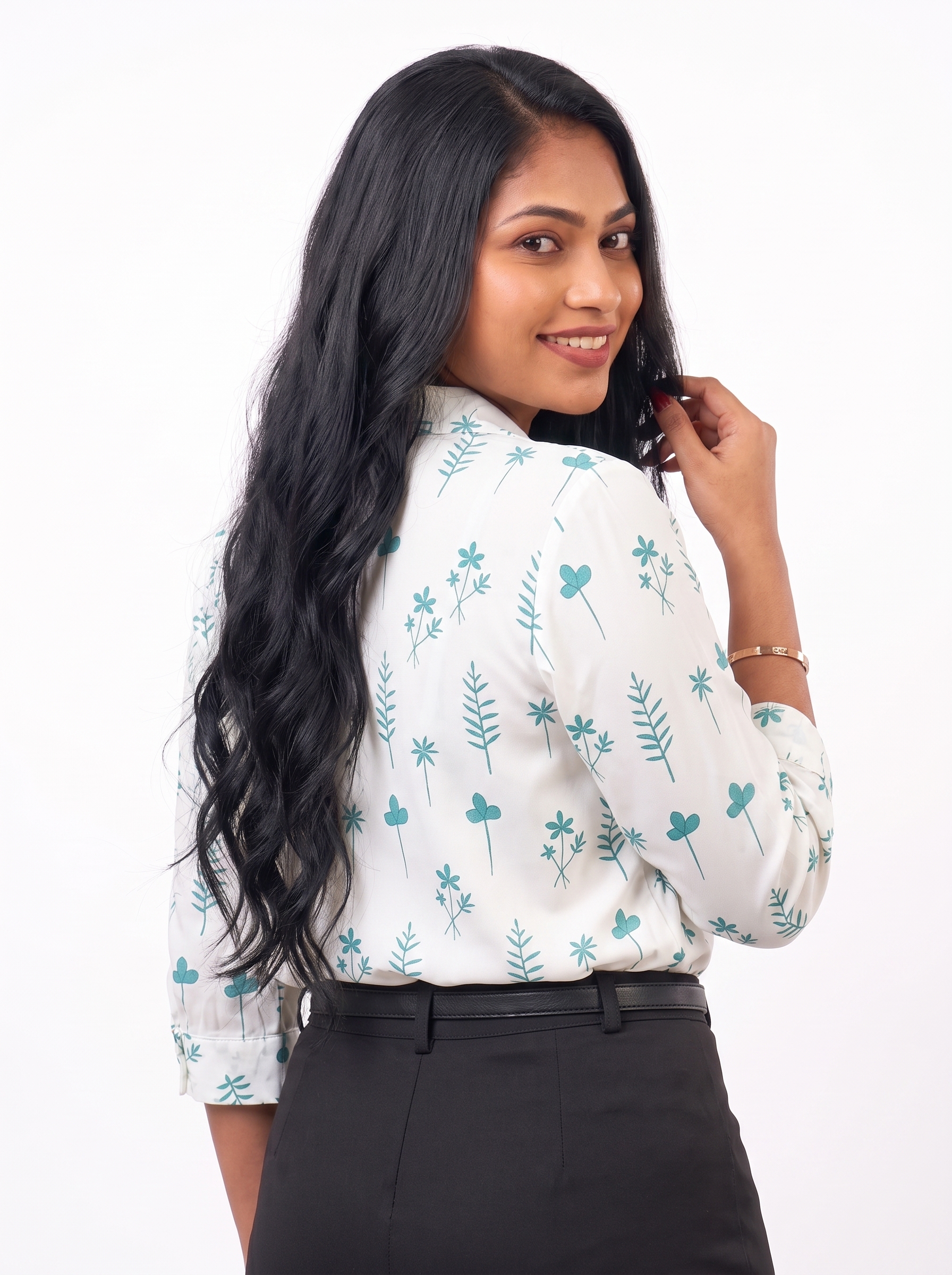 Teal Willow Leaf Blouse - Ladies Office Blouse, Sri Lanka (view 2)