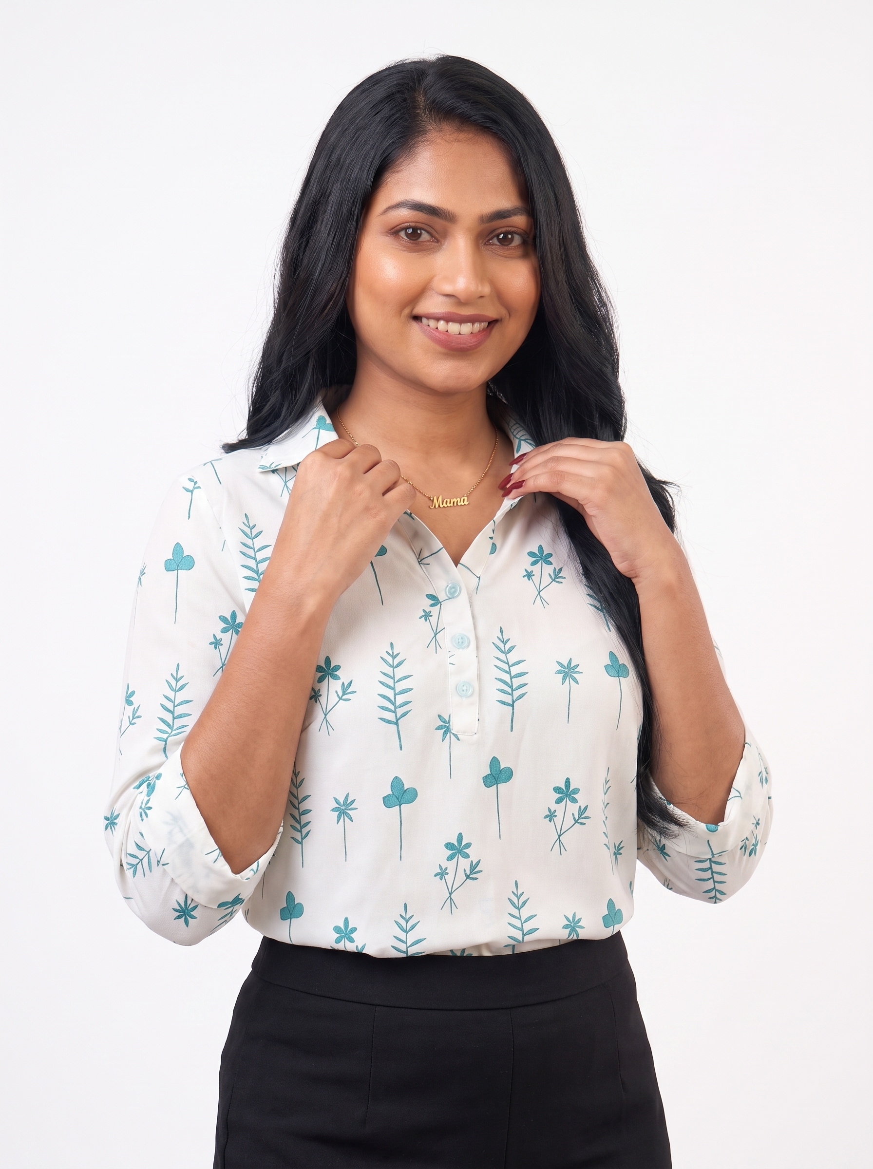 Teal Willow Leaf Blouse - Ladies Office Blouse, Sri Lanka (view 10)