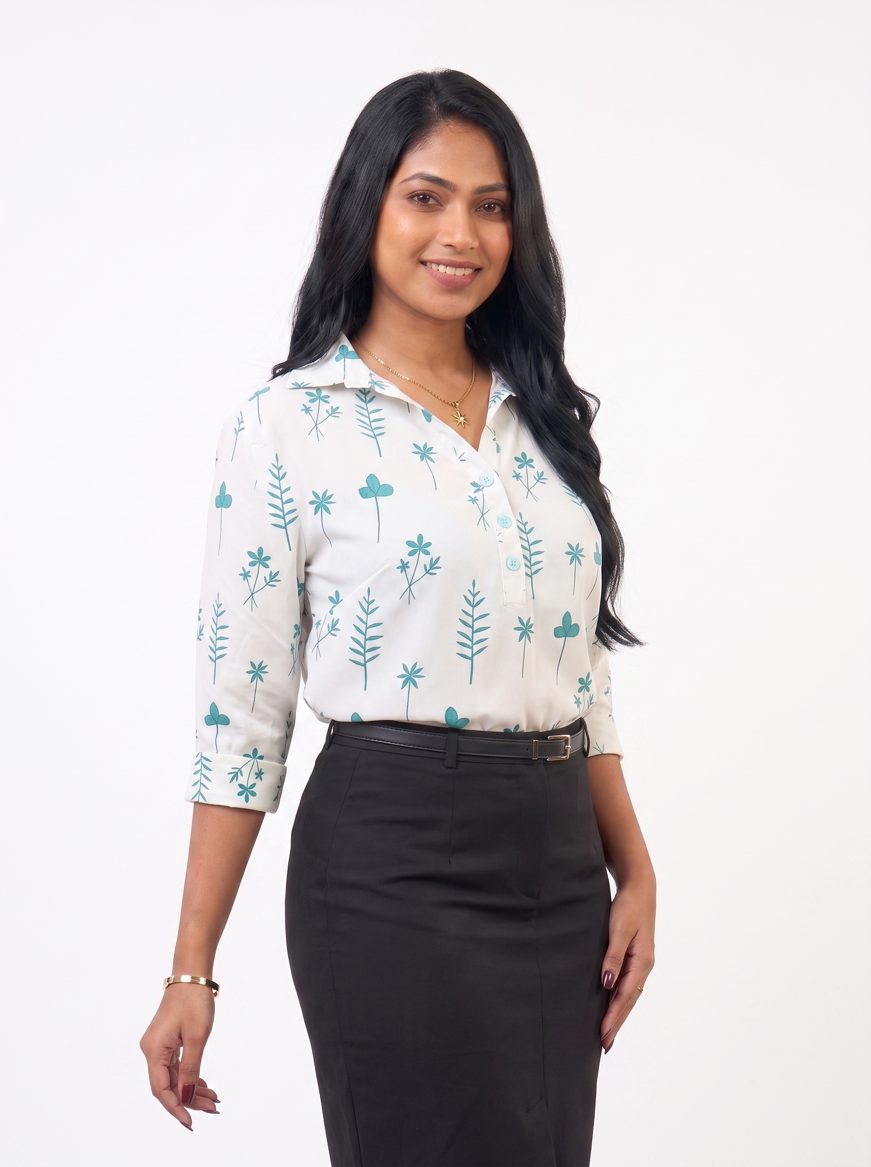 Teal Willow Leaf Blouse - Ladies Office Blouse, Sri Lanka (view 5)